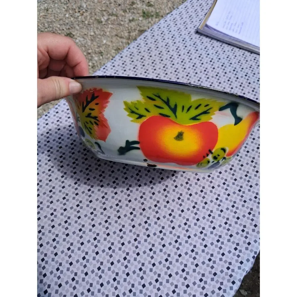 Vintage Enamelware Harvest Fruit Bowl 12
